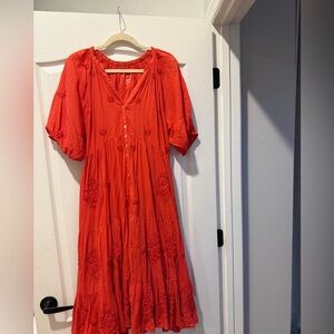 Anthropologie Vibrant Red Embroidered Midi Dress